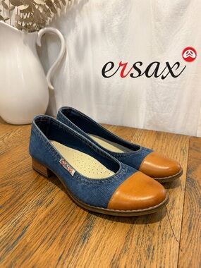 ERSAX Blue Denim & Tan Cap Toe Heels Women’s Size 39
